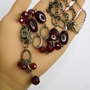 Premier Designs CROWN PD Beaded Wine Red Maroon Bead Antiqued Gold Necklace 1174